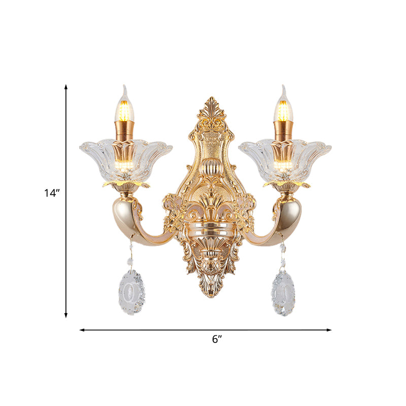 Retro Candlestick Sconce Lighting Fixture 1/2-Bulb Clear Crystal Glass Wall Mounted Light in Gold Clearhalo 'Wall Lamps & Sconces' 'Wall Lights' Lighting' 819016