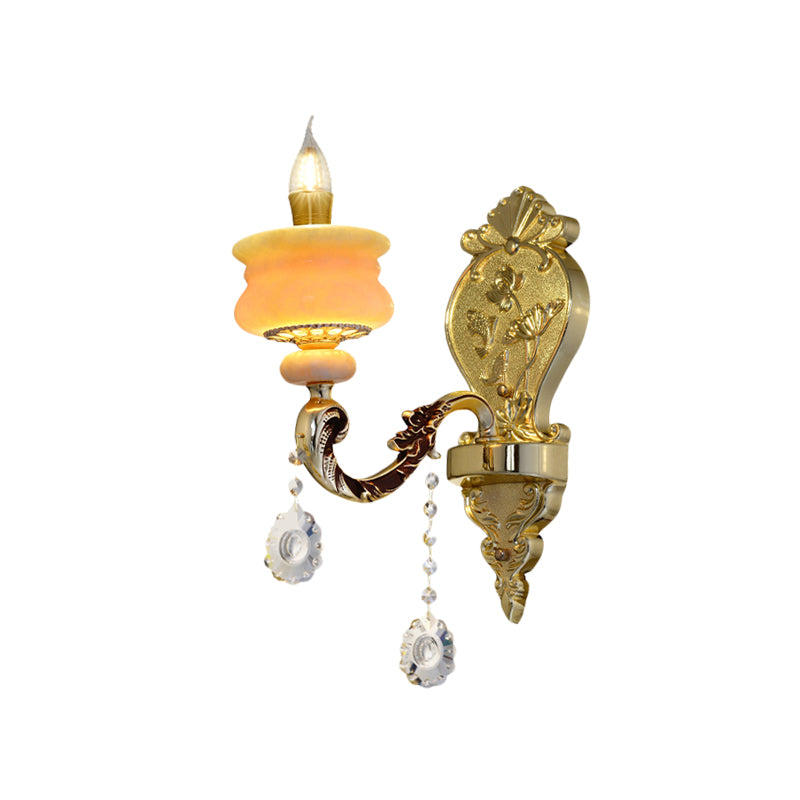 1/2-Bulb Candelabra Wall Lamp Traditionalism Gold Jade Wall Mounted Light Fixture with Crystal Drop Clearhalo 'Wall Lamps & Sconces' 'Wall Lights' Lighting' 819019