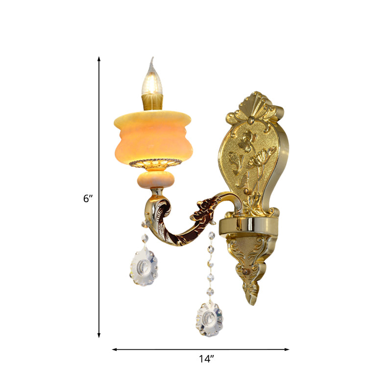 1/2-Bulb Candelabra Wall Lamp Traditionalism Gold Jade Wall Mounted Light Fixture with Crystal Drop Clearhalo 'Wall Lamps & Sconces' 'Wall Lights' Lighting' 819020