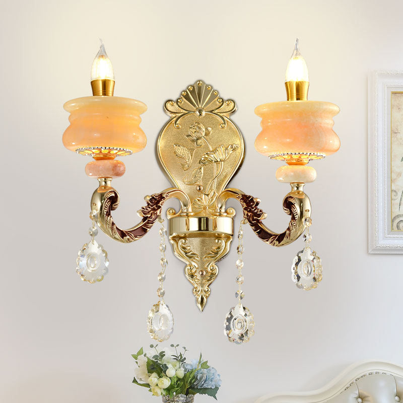 1/2-Bulb Candelabra Wall Lamp Traditionalism Gold Jade Wall Mounted Light Fixture with Crystal Drop 2.0 Gold Clearhalo 'Wall Lamps & Sconces' 'Wall Lights' Lighting' 819021