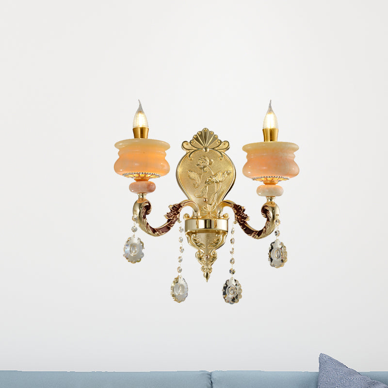 1/2-Bulb Candelabra Wall Lamp Traditionalism Gold Jade Wall Mounted Light Fixture with Crystal Drop Clearhalo 'Wall Lamps & Sconces' 'Wall Lights' Lighting' 819022