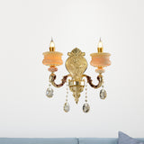 1/2-Bulb Candelabra Wall Lamp Traditionalism Gold Jade Wall Mounted Light Fixture with Crystal Drop Clearhalo 'Wall Lamps & Sconces' 'Wall Lights' Lighting' 819022