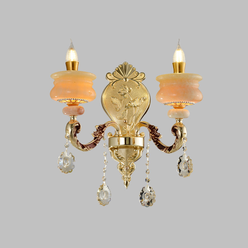 1/2-Bulb Candelabra Wall Lamp Traditionalism Gold Jade Wall Mounted Light Fixture with Crystal Drop Clearhalo 'Wall Lamps & Sconces' 'Wall Lights' Lighting' 819024