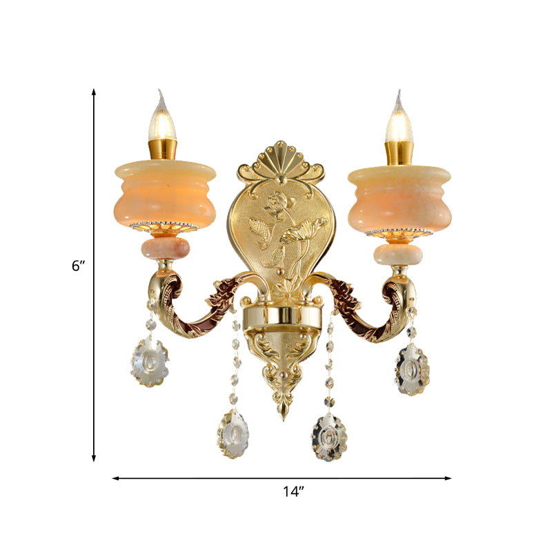 1/2-Bulb Candelabra Wall Lamp Traditionalism Gold Jade Wall Mounted Light Fixture with Crystal Drop Clearhalo 'Wall Lamps & Sconces' 'Wall Lights' Lighting' 819025