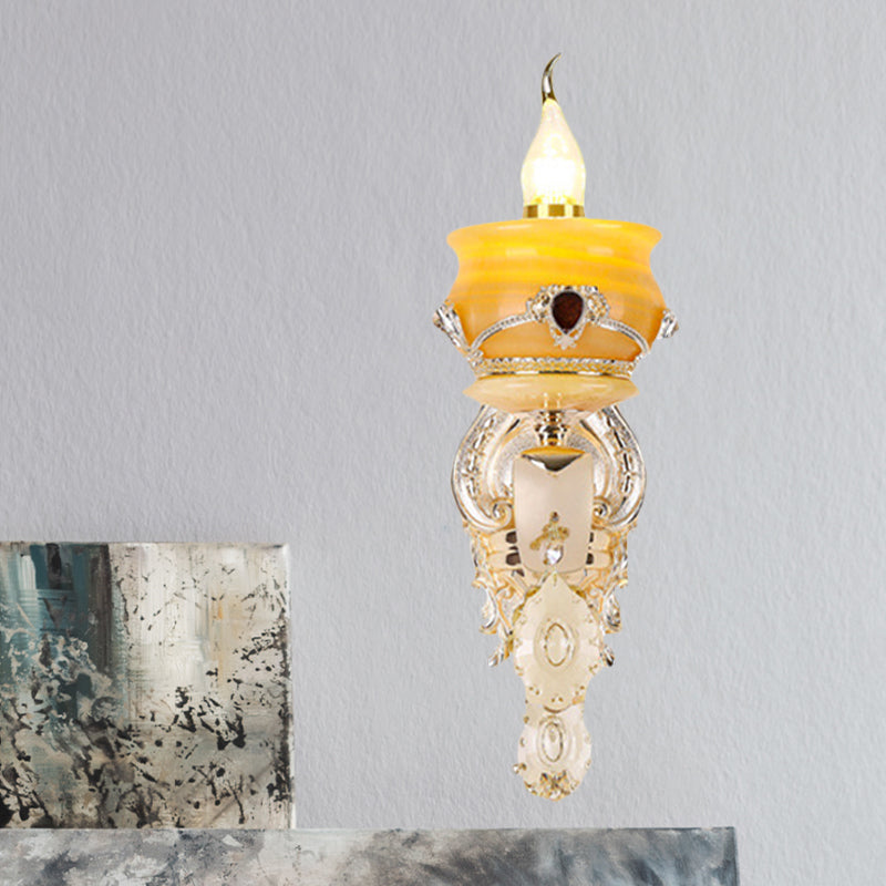 Candlestick Jade Wall Lamp Sconce Vintage 1/2-Head Bedroom Wall Light Fixture in Gold with Crystal Drop 1.0 Gold Clearhalo 'Wall Lamps & Sconces' 'Wall Lights' Lighting' 819026