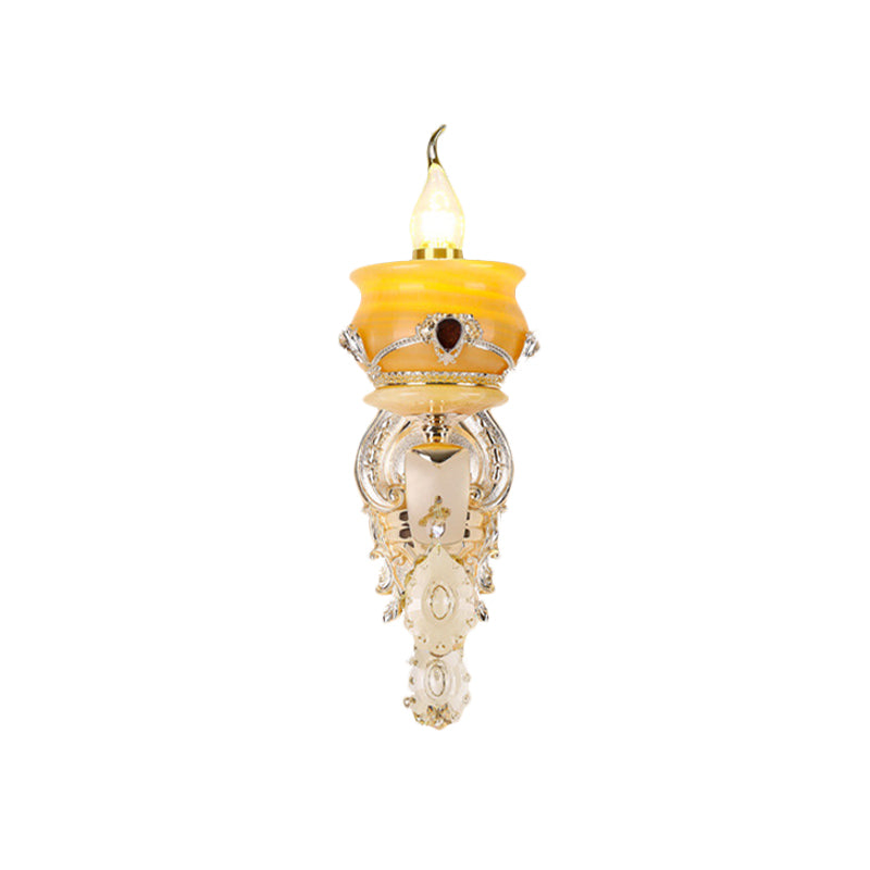 Candlestick Jade Wall Lamp Sconce Vintage 1/2-Head Bedroom Wall Light Fixture in Gold with Crystal Drop Clearhalo 'Wall Lamps & Sconces' 'Wall Lights' Lighting' 819028