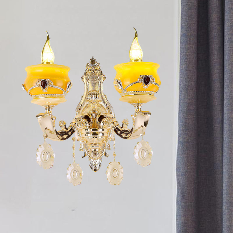 Candlestick Jade Wall Lamp Sconce Vintage 1/2-Head Bedroom Wall Light Fixture in Gold with Crystal Drop 2.0 Gold Clearhalo 'Wall Lamps & Sconces' 'Wall Lights' Lighting' 819030