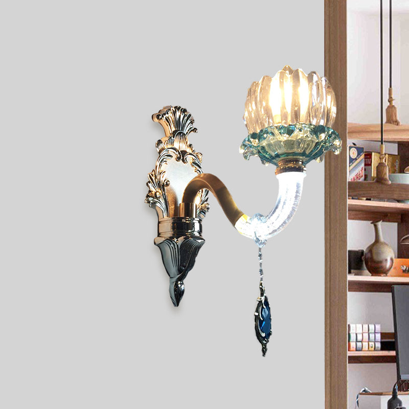 Clear Crystal Blossom Wall Sconce 1 Bulb Living Room Wall Lighting Fixture in Gold with Curved Arm Gold Clearhalo 'Wall Lamps & Sconces' 'Wall Lights' Lighting' 819035