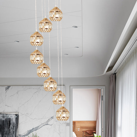 Inserted Crystal Gold Cluster Pendant Globe 8 Bulbs Modern Hanging Lamp with Spiral Design Gold Clearhalo 'Ceiling Lights' 'Modern Pendants' 'Modern' 'Pendant Lights' 'Pendants' Lighting' 819051