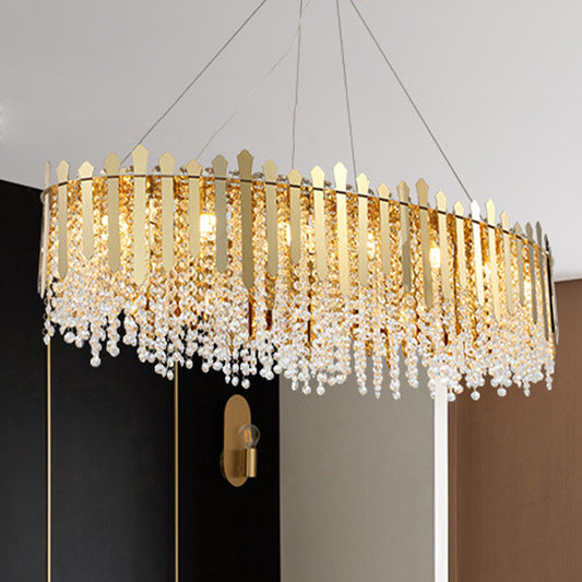 Elliptical Restaurant Island Pendant Luxury Clear Crystal Bead 14-Light Gold Hanging Light Fixture Gold Clearhalo 'Ceiling Lights' 'Island Lights' Lighting' 819079