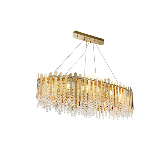 Elliptical Restaurant Island Pendant Luxury Clear Crystal Bead 14-Light Gold Hanging Light Fixture Clearhalo 'Ceiling Lights' 'Island Lights' Lighting' 819081