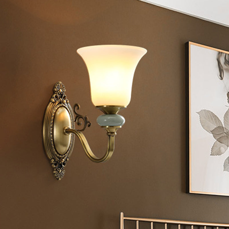 1/2-Bulb Frosted Glass Wall Mount Lamp Vintage Brass Finish Bell Bedside Up Wall Lighting Idea 1.0 Brass Clearhalo 'Wall Lamps & Sconces' 'Wall Lights' Lighting' 819083