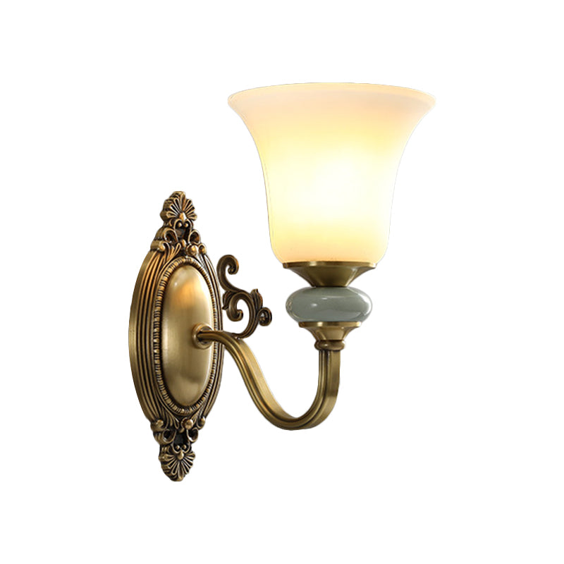 1/2-Bulb Frosted Glass Wall Mount Lamp Vintage Brass Finish Bell Bedside Up Wall Lighting Idea Clearhalo 'Wall Lamps & Sconces' 'Wall Lights' Lighting' 819084