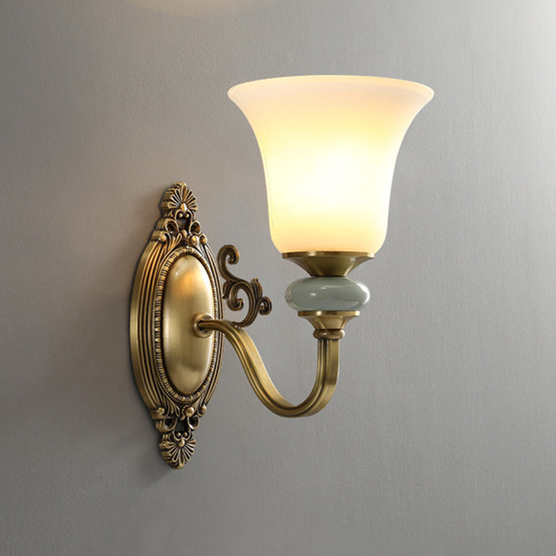 1/2-Bulb Frosted Glass Wall Mount Lamp Vintage Brass Finish Bell Bedside Up Wall Lighting Idea Clearhalo 'Wall Lamps & Sconces' 'Wall Lights' Lighting' 819085