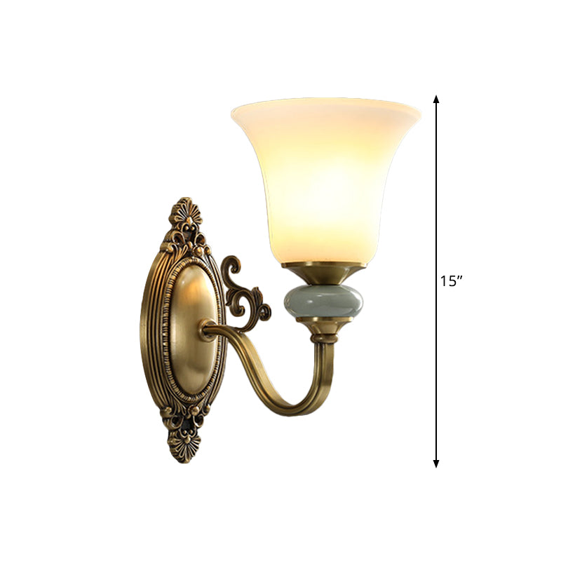 1/2-Bulb Frosted Glass Wall Mount Lamp Vintage Brass Finish Bell Bedside Up Wall Lighting Idea Clearhalo 'Wall Lamps & Sconces' 'Wall Lights' Lighting' 819086