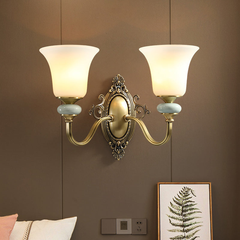 1/2-Bulb Frosted Glass Wall Mount Lamp Vintage Brass Finish Bell Bedside Up Wall Lighting Idea 2.0 Brass Clearhalo 'Wall Lamps & Sconces' 'Wall Lights' Lighting' 819087