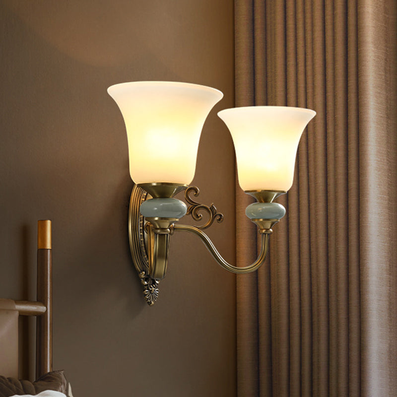 1/2-Bulb Frosted Glass Wall Mount Lamp Vintage Brass Finish Bell Bedside Up Wall Lighting Idea Clearhalo 'Wall Lamps & Sconces' 'Wall Lights' Lighting' 819088