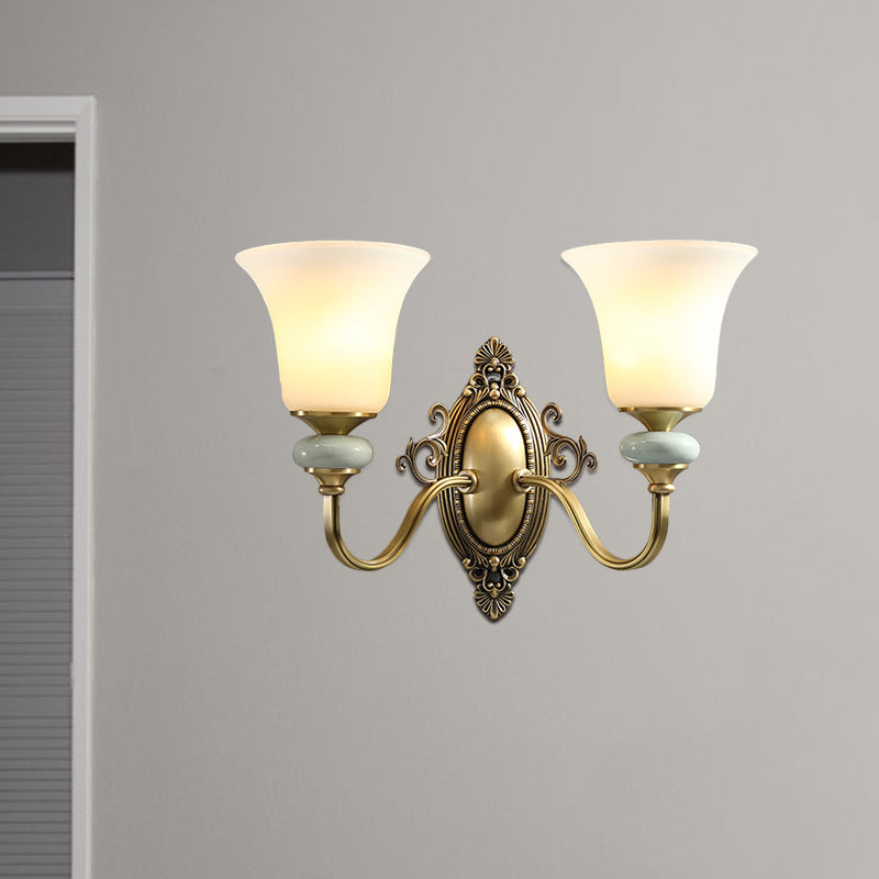 1/2-Bulb Frosted Glass Wall Mount Lamp Vintage Brass Finish Bell Bedside Up Wall Lighting Idea Clearhalo 'Wall Lamps & Sconces' 'Wall Lights' Lighting' 819089