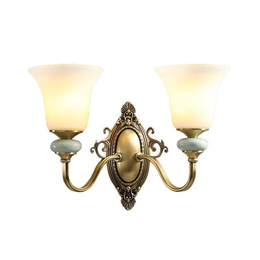 1/2-Bulb Frosted Glass Wall Mount Lamp Vintage Brass Finish Bell Bedside Up Wall Lighting Idea Clearhalo 'Wall Lamps & Sconces' 'Wall Lights' Lighting' 819090