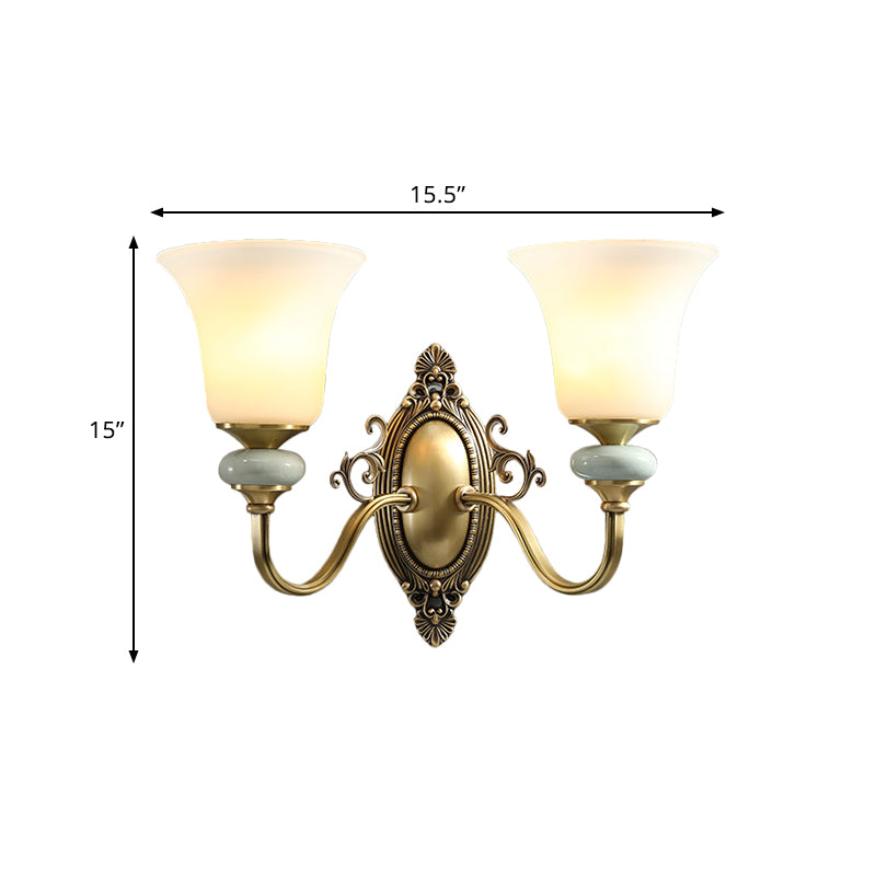 1/2-Bulb Frosted Glass Wall Mount Lamp Vintage Brass Finish Bell Bedside Up Wall Lighting Idea Clearhalo 'Wall Lamps & Sconces' 'Wall Lights' Lighting' 819091