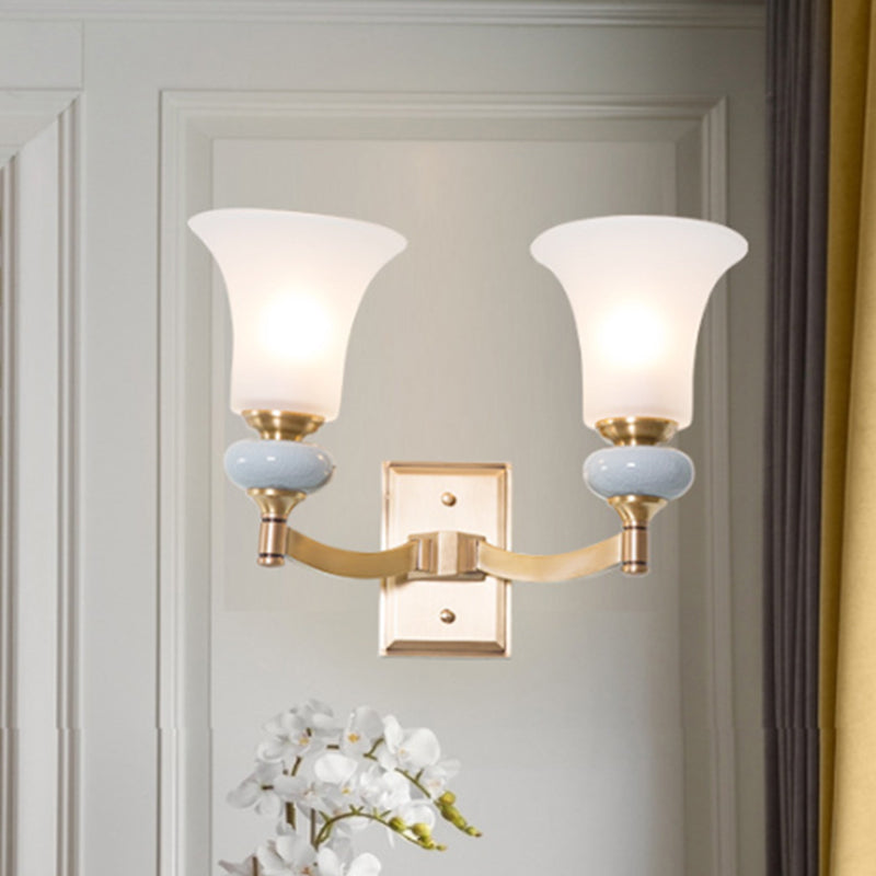 Gold 1/2 Heads Wall Lamp Fixture Traditional White Glass Bell Up Wall Mount Lighting for Living Room Clearhalo 'Wall Lamps & Sconces' 'Wall Lights' Lighting' 819097