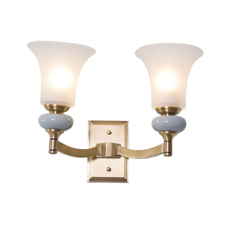 Gold 1/2 Heads Wall Lamp Fixture Traditional White Glass Bell Up Wall Mount Lighting for Living Room Clearhalo 'Wall Lamps & Sconces' 'Wall Lights' Lighting' 819099