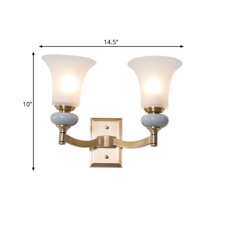 Gold 1/2 Heads Wall Lamp Fixture Traditional White Glass Bell Up Wall Mount Lighting for Living Room Clearhalo 'Wall Lamps & Sconces' 'Wall Lights' Lighting' 819100