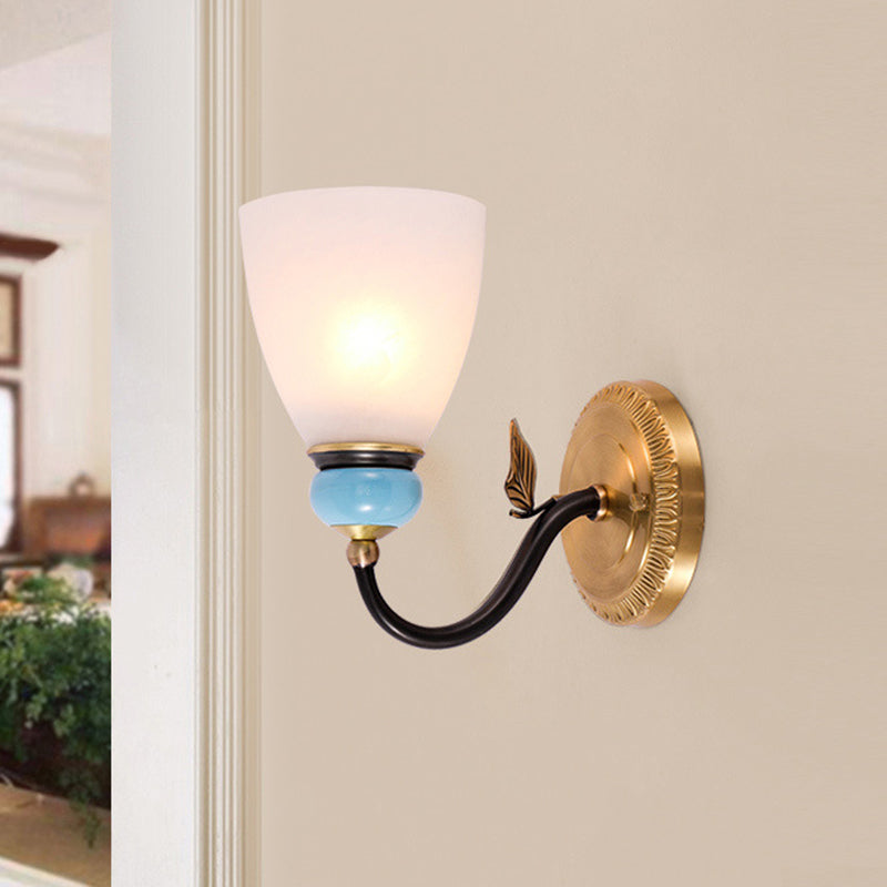 1 Bulb White Glass Wall Lamp Traditional Black and Gold Cone Corner Up Wall Light Fixture White Clearhalo 'Wall Lamps & Sconces' 'Wall Lights' Lighting' 819119