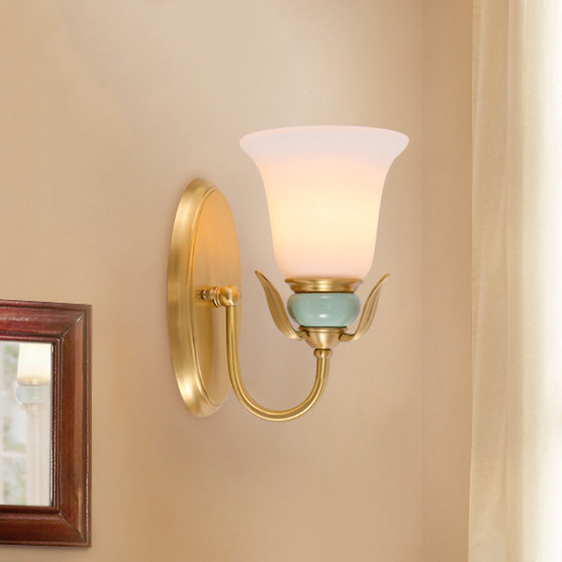 1/2-Head Wall Lighting Vintage Bedroom Wall Mounted Lamp Fixture with Bell White Frosted Glass Shade in Gold 1.0 White Clearhalo 'Wall Lamps & Sconces' 'Wall Lights' Lighting' 819123