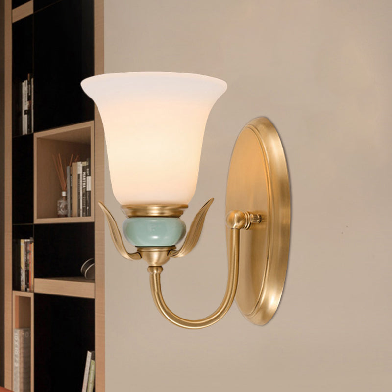 1/2-Head Wall Lighting Vintage Bedroom Wall Mounted Lamp Fixture with Bell White Frosted Glass Shade in Gold Clearhalo 'Wall Lamps & Sconces' 'Wall Lights' Lighting' 819124