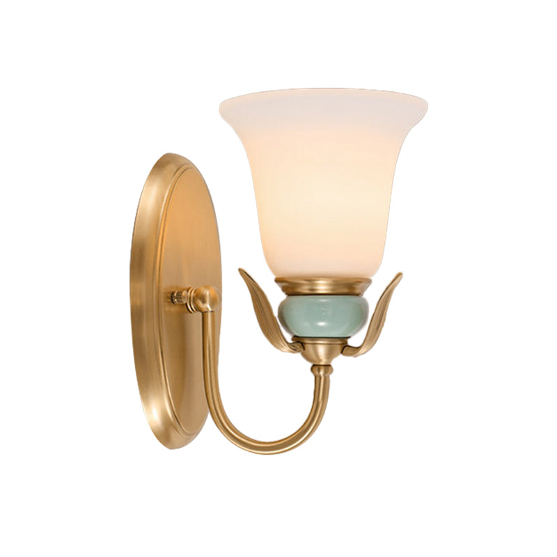 1/2-Head Wall Lighting Vintage Bedroom Wall Mounted Lamp Fixture with Bell White Frosted Glass Shade in Gold Clearhalo 'Wall Lamps & Sconces' 'Wall Lights' Lighting' 819125