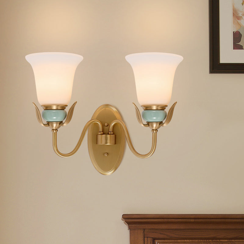 1/2-Head Wall Lighting Vintage Bedroom Wall Mounted Lamp Fixture with Bell White Frosted Glass Shade in Gold 2.0 White Clearhalo 'Wall Lamps & Sconces' 'Wall Lights' Lighting' 819127