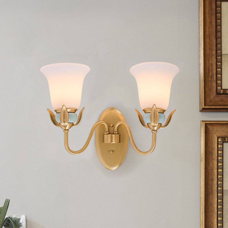 1/2-Head Wall Lighting Vintage Bedroom Wall Mounted Lamp Fixture with Bell White Frosted Glass Shade in Gold Clearhalo 'Wall Lamps & Sconces' 'Wall Lights' Lighting' 819128