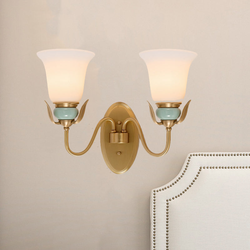 1/2-Head Wall Lighting Vintage Bedroom Wall Mounted Lamp Fixture with Bell White Frosted Glass Shade in Gold Clearhalo 'Wall Lamps & Sconces' 'Wall Lights' Lighting' 819129