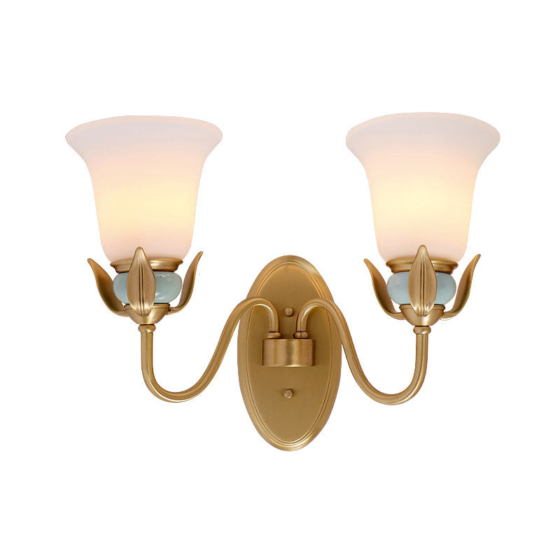 1/2-Head Wall Lighting Vintage Bedroom Wall Mounted Lamp Fixture with Bell White Frosted Glass Shade in Gold Clearhalo 'Wall Lamps & Sconces' 'Wall Lights' Lighting' 819130