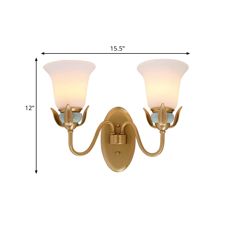 1/2-Head Wall Lighting Vintage Bedroom Wall Mounted Lamp Fixture with Bell White Frosted Glass Shade in Gold Clearhalo 'Wall Lamps & Sconces' 'Wall Lights' Lighting' 819131