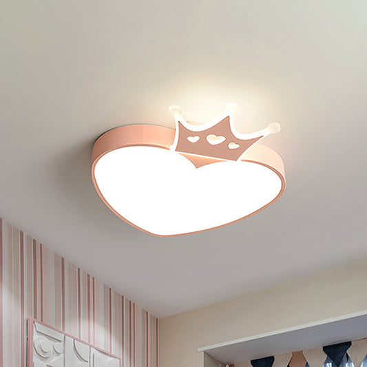 Acrylic Loving Heart Shape Flush Lamp Nordic Style LED Flush Mounted Lighting in Pink/Blue with Crown Decor Pink Clearhalo 'Ceiling Lights' 'Close To Ceiling Lights' 'Close to ceiling' 'Flush mount' Lighting' 819156