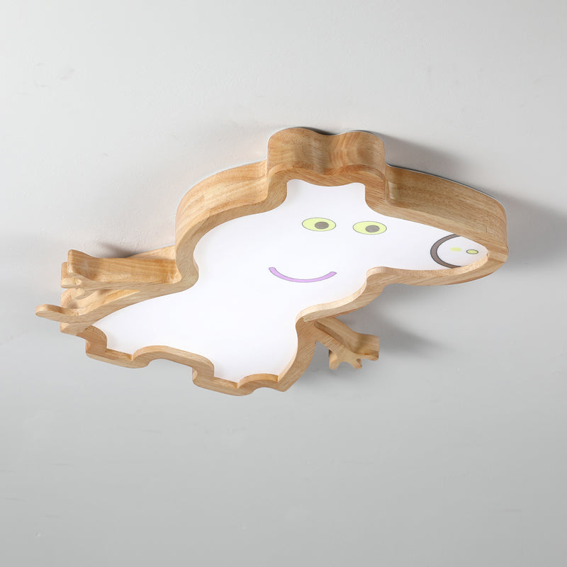 Cartoon Pig Shape Ceiling Mounted Lamp Wood LED Kids Room Flush Light Fixture in White/Warm Light Clearhalo 'Ceiling Lights' 'Close To Ceiling Lights' 'Close to ceiling' 'Flush mount' Lighting' 819174