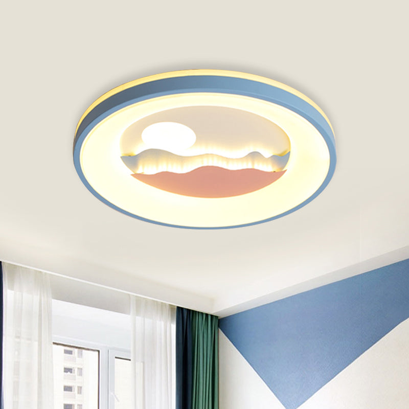 Round Acrylic Flush Light Fixture with Sunset Design Nordic LED Pink/Blue Flush Mount Lamp for Child Bedroom Blue Clearhalo 'Ceiling Lights' 'Close To Ceiling Lights' 'Close to ceiling' Lighting' 819180