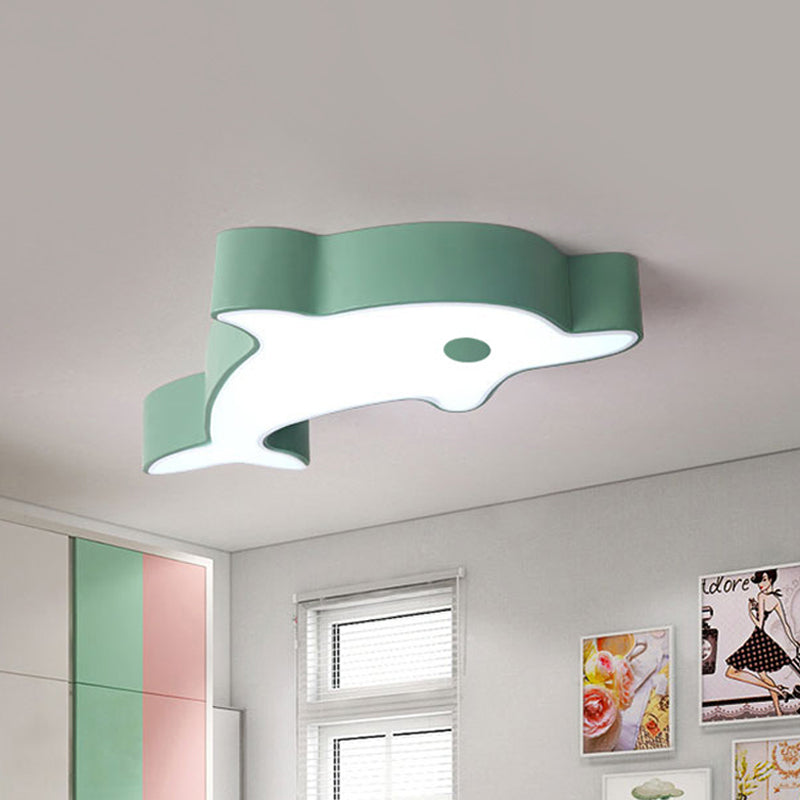 LED Bedroom Ceiling Flush Mount Cartoon Grey/Blue/Green Finish Flush Light with Dolphin Acrylic Shade Green Clearhalo 'Ceiling Lights' 'Close To Ceiling Lights' 'Close to ceiling' 'Flush mount' Lighting' 819224