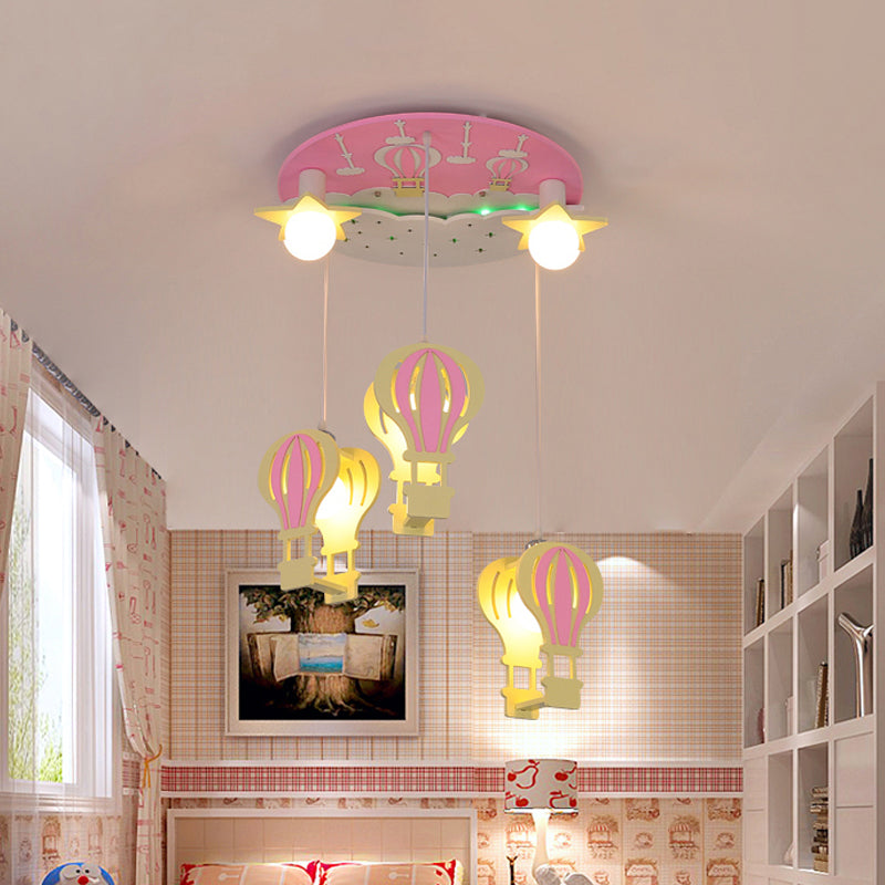 Hot Air Balloon Semi Flush Cartoon Wooden 5 Bulbs Pink/Blue Ceiling Flush Mount Light for Nursery Pink Clearhalo 'Ceiling Lights' 'Close To Ceiling Lights' 'Close to ceiling' 'Semi-flushmount' Lighting' 819305