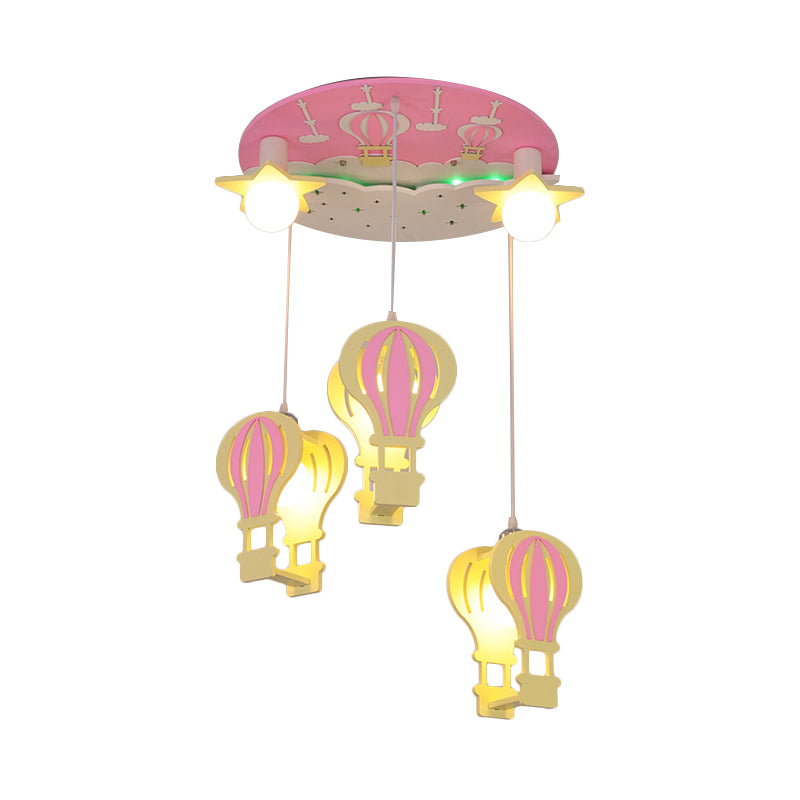 Hot Air Balloon Semi Flush Cartoon Wooden 5 Bulbs Pink/Blue Ceiling Flush Mount Light for Nursery Clearhalo 'Ceiling Lights' 'Close To Ceiling Lights' 'Close to ceiling' 'Semi-flushmount' Lighting' 819306