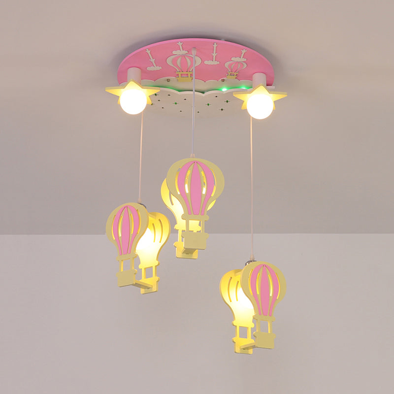 Hot Air Balloon Semi Flush Cartoon Wooden 5 Bulbs Pink/Blue Ceiling Flush Mount Light for Nursery Clearhalo 'Ceiling Lights' 'Close To Ceiling Lights' 'Close to ceiling' 'Semi-flushmount' Lighting' 819307