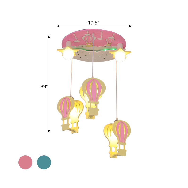 Hot Air Balloon Semi Flush Cartoon Wooden 5 Bulbs Pink/Blue Ceiling Flush Mount Light for Nursery Clearhalo 'Ceiling Lights' 'Close To Ceiling Lights' 'Close to ceiling' 'Semi-flushmount' Lighting' 819308