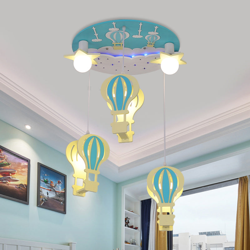 Hot Air Balloon Semi Flush Cartoon Wooden 5 Bulbs Pink/Blue Ceiling Flush Mount Light for Nursery Blue Clearhalo 'Ceiling Lights' 'Close To Ceiling Lights' 'Close to ceiling' 'Semi-flushmount' Lighting' 819309