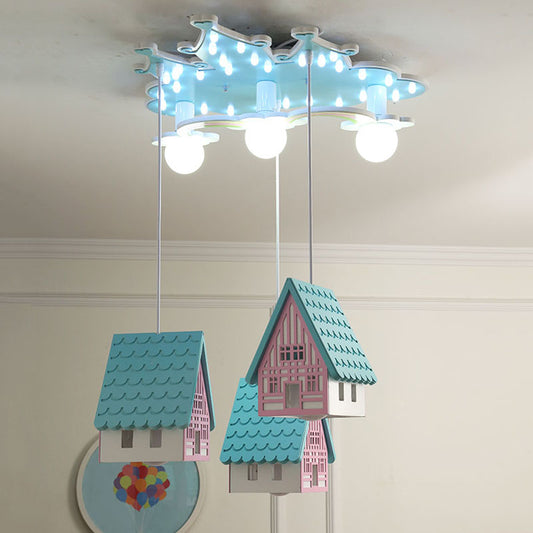 Blue House Semi Flush Mount Cartoon 3-Bulb Wooden Flushmount Lighting for Kids Bedroom Blue Clearhalo 'Ceiling Lights' 'Close To Ceiling Lights' 'Close to ceiling' 'Semi-flushmount' Lighting' 819342