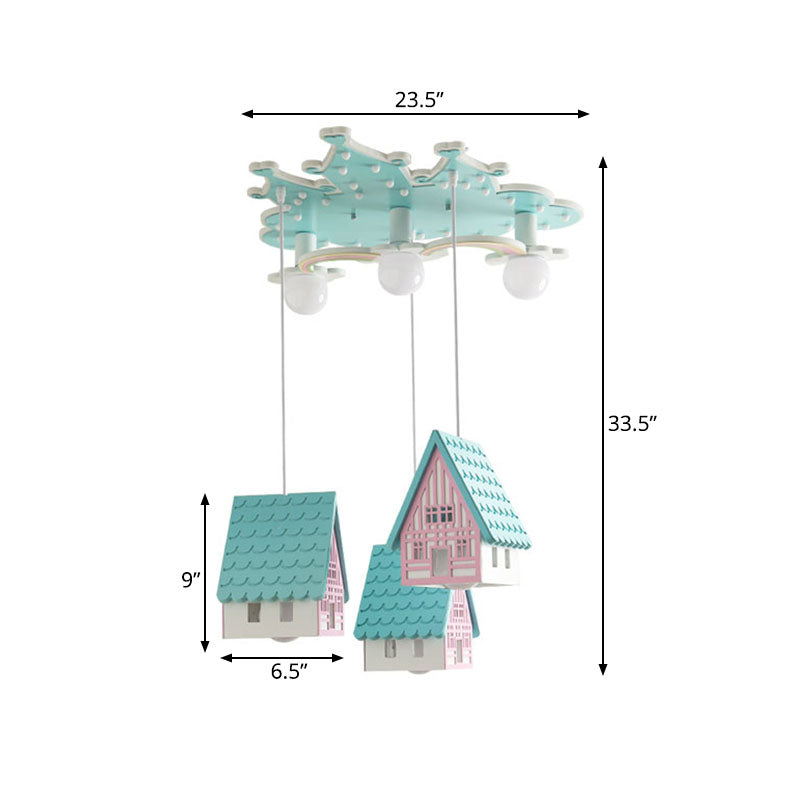 Blue House Semi Flush Mount Cartoon 3-Bulb Wooden Flushmount Lighting for Kids Bedroom Clearhalo 'Ceiling Lights' 'Close To Ceiling Lights' 'Close to ceiling' 'Semi-flushmount' Lighting' 819345