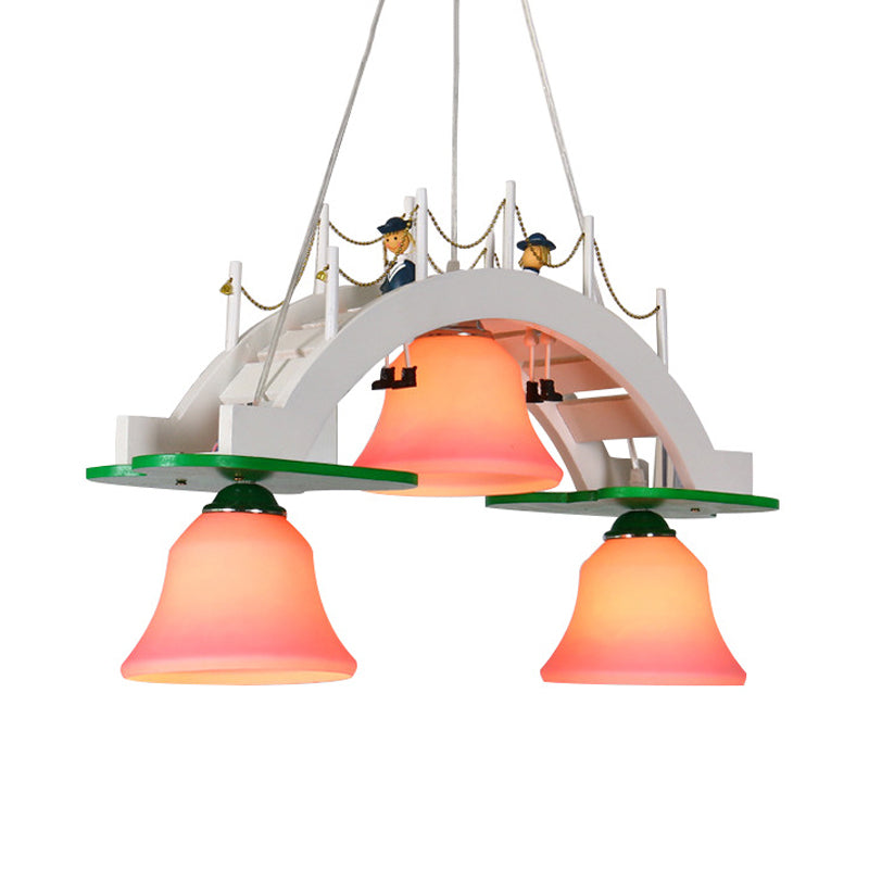 Pink Glass Bell Chandelier Kids 3-Light Down Lighting Pendant with Wooden Bridge Design Clearhalo 'Ceiling Lights' 'Chandeliers' Lighting' options 819372