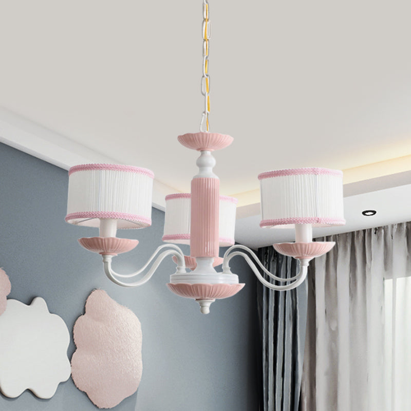 Macaroon 3/6 Bulbs Pendant Light Pink/Blue Drum Chandelier Lighting Fixture with Fabric Shade Clearhalo 'Ceiling Lights' 'Chandeliers' Lighting' options 819402