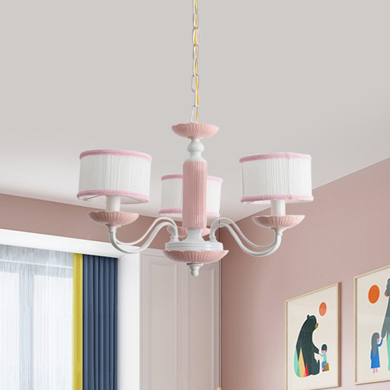 Macaroon 3/6 Bulbs Pendant Light Pink/Blue Drum Chandelier Lighting Fixture with Fabric Shade Clearhalo 'Ceiling Lights' 'Chandeliers' Lighting' options 819403